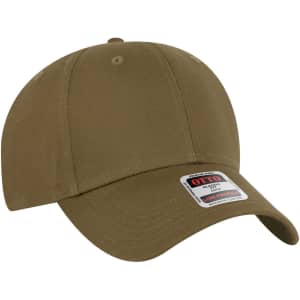 A khaki 6-panel low-profile baseball cap featuring an adjustable strap and a logo. Suitable for casual wear.