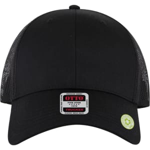 A black low profile trucker cap featuring mesh panels and a prominent logo label on the front.