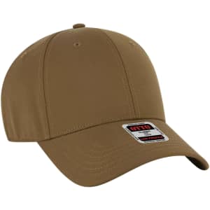 A brown six-panel low profile baseball cap with a logo on the front. The cap has a curved brim and adjustable back.
