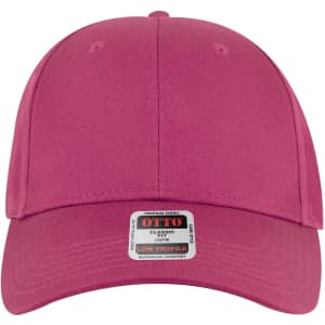 A pink 6-panel low profile baseball cap with a logo on the front. Suitable for casual wear.