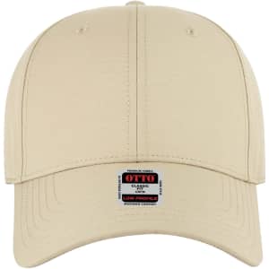 A beige low profile baseball cap featuring a logo on the front and a curved brim.