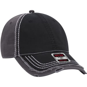 A grey, six-panel low profile dad cap with contrasting white stitching and a distressed brim, featuring a logo.