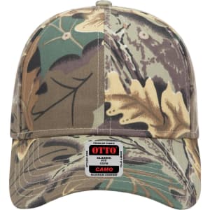 A camo-patterned low profile baseball cap with earthy tones and a branded tag. Suitable for casual wear.
