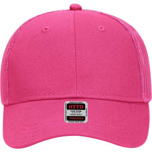 A pink 6 panel low profile trucker cap featuring mesh sides and a logo on the front.