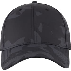 A black camo baseball cap with a low profile, featuring six panels and a logo on the front.