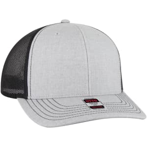 A grey and black 6 panel mid profile trucker cap with a mesh back and a brand logo.