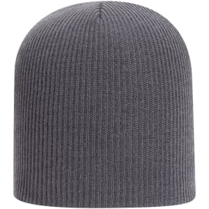 A premium rib knit beanie in a dark grey colour, featuring a simple design and a logo on the side.