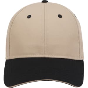 A low-profile baseball cap in beige with a black peak, featuring a logo on the front.