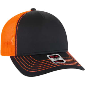 A black and orange 5 panel low profile trucker cap featuring a mesh back and a flat brim, with a logo on the front.