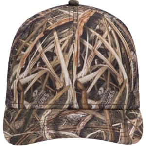 A camouflage 6-panel low profile baseball cap with a nature-inspired design featuring shades of brown and green.