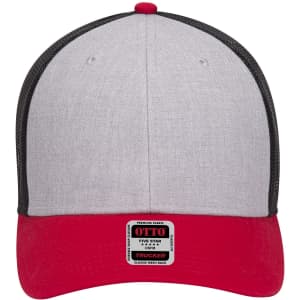 A grey and red 6 panel low profile trucker cap with black mesh sides and a logo on the front.