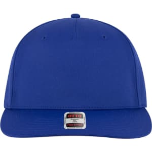 A blue 5 Panel Pro Style Snapback Hat featuring a front panel and a brim, with a logo on the side.