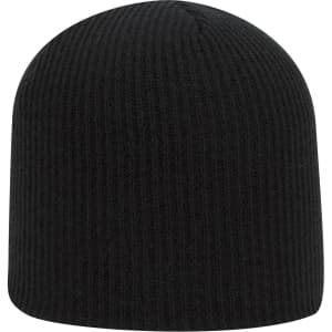 A black premium rib knit beanie with a snug, ribbed texture and a rounded top.