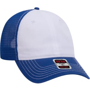A blue and white 6 Panel Low Profile Trucker Dad Cap with a mesh back and a branding label.
