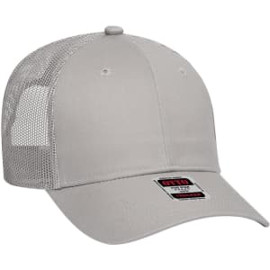 A light grey 6 panel low profile trucker cap with a mesh back and a branded tag.