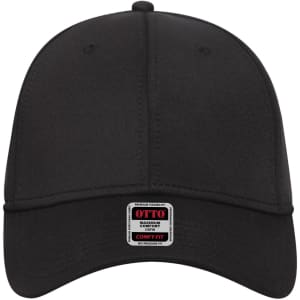 A black six-panel low profile baseball cap with a logo at the front.