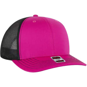 A pink and black 6 panel mid-profile trucker cap with a mesh back and a branded label on the front.