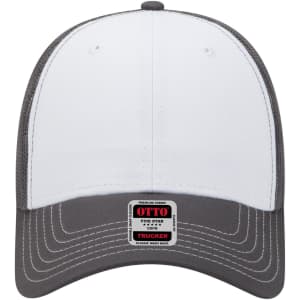 A low-profile trucker cap featuring a white front and grey mesh back, with a logo on the front.