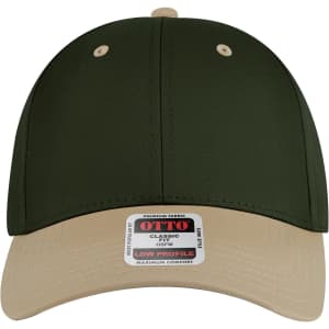 A low profile baseball cap in olive green with a beige peak and a logo on the front.
