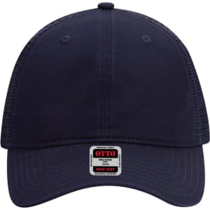 A navy blue low profile trucker dad cap with a curved brim and a logo on the front.
