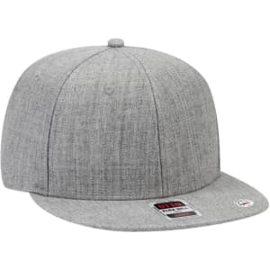 A grey six-panel mid-profile snapback cap featuring a flat brim and a branded tag.