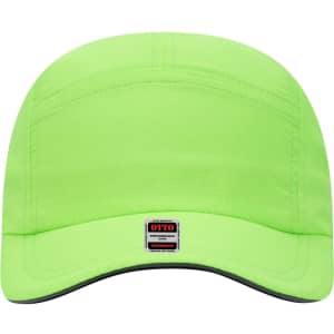 A reflective five-panel running cap in bright neon green with a black peak and a branding label.