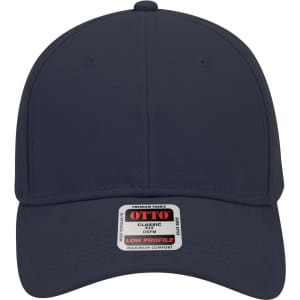 A navy blue 6 panel low profile baseball cap featuring a label on the front and a curved brim.