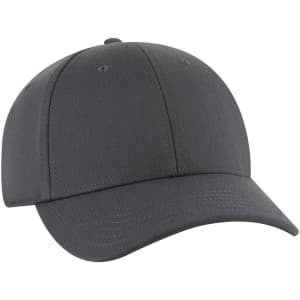 A grey low-profile baseball cap with six panels and a logo on the front.