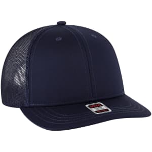 A navy blue 6-panel mid-profile trucker cap with a mesh back and a logo on the front.