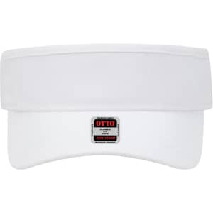 A white sun visor with a wide brim and a logo on the front.