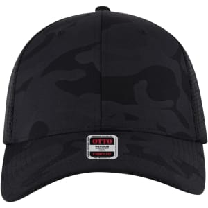 A black camo trucker cap with a low profile design and a branded label on the front.