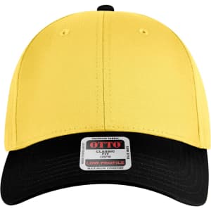 A yellow and black 6 panel low profile baseball cap featuring a logo on the front and a label on the brim.