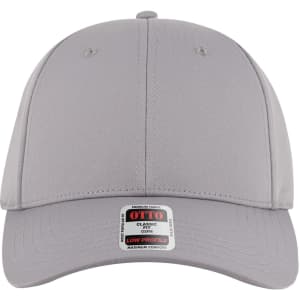 A grey six-panel low profile baseball cap with a curved brim and a logo on the front.
