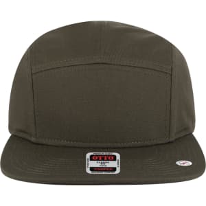 A 5 panel camper hat in olive green with a flat brim and a logo on the front.