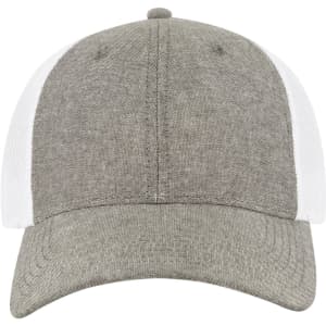 A 6 panel low profile trucker cap featuring a grey fabric front and white mesh back, with a logo on the front.