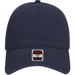A navy blue 6-panel low profile dad cap with a branded label on the front.
