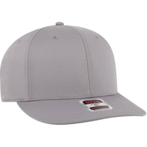 A grey 6 panel pro style snapback hat with a flat brim and a logo on the front.
