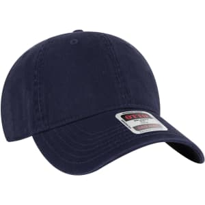 A navy blue 6 panel low profile dad cap with a curved brim and a logo tag on the side.