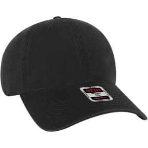A black low profile dad cap featuring a panel design and a logo on the front.