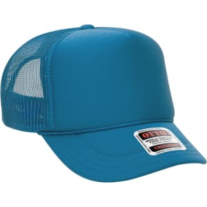 A blue 5 panel high crown trucker cap for youth featuring mesh panels and a branded tag.