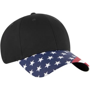 A black baseball cap featuring a star-patterned peak, with an American flag design. It has a logo on it.