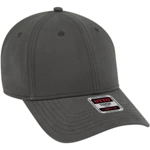A grey low profile baseball cap with six panels and an adjustable fit. It features a logo on the side.