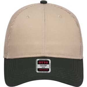 A beige and dark green 6 panel low profile trucker cap with a mesh back and a logo on the front.