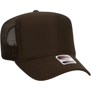 A brown 5 panel high crown trucker cap featuring a mesh back and a logo.