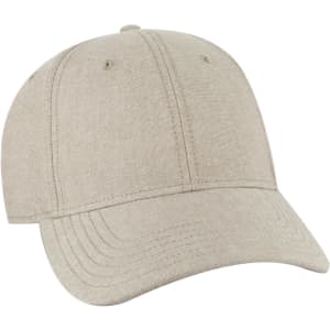 A low-profile six-panel baseball cap in a light beige colour, featuring stitching details and a branding logo.