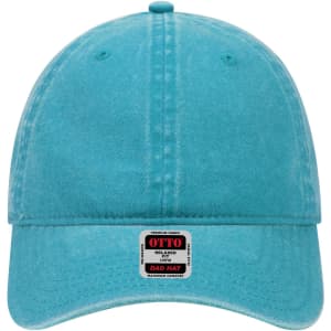A turquoise six-panel low profile dad cap with a logo and a relaxed fit.