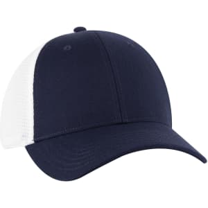 A navy blue trucker cap featuring a low profile design and white mesh panels, with a logo on the front.