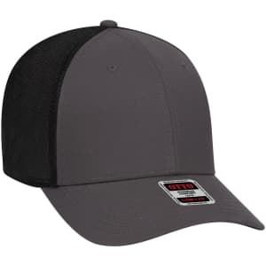 A grey baseball cap with a low-profile design and black mesh back, featuring a logo on the front.