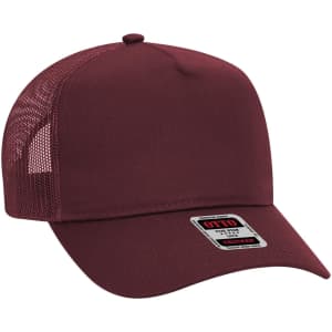 A maroon 5 panel mid-profile trucker cap featuring a mesh back and a logo on the front.