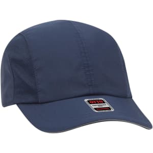 A reflective six-panel running cap in navy with a logo on the front and a lightly structured design.